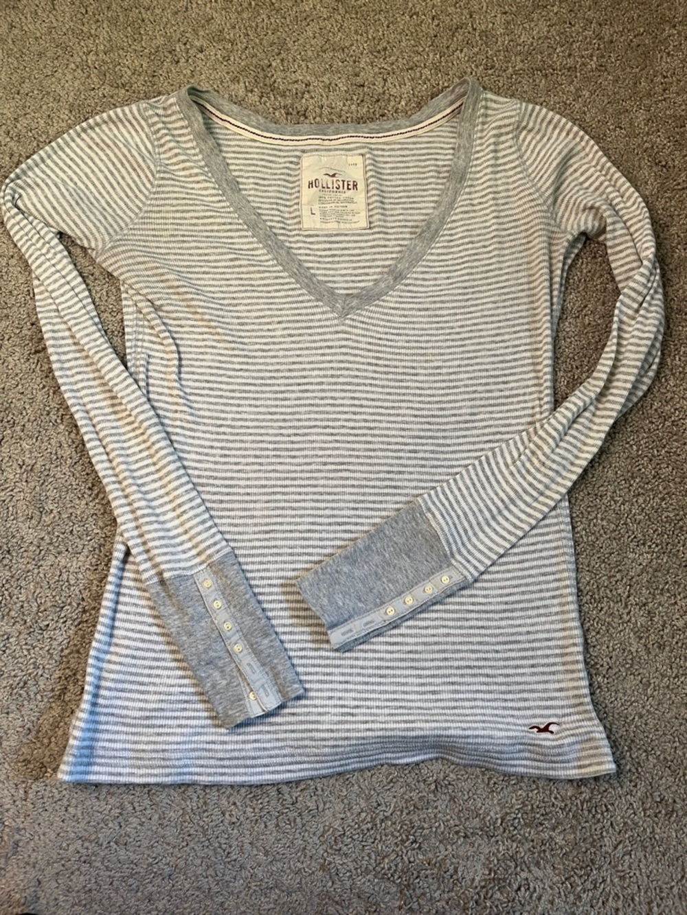 Hollister Gray White Striped V-Neck Long Sleeve Top Vintage Y2K Bella Swan Large